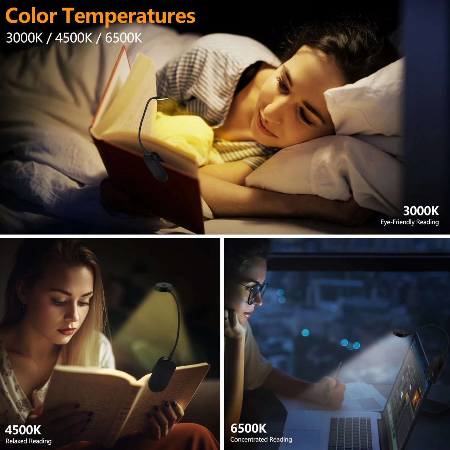 LED dimmable wireless desk lamp, USB rechargeable reading light, LED night light, laptop light, foldable book clip light