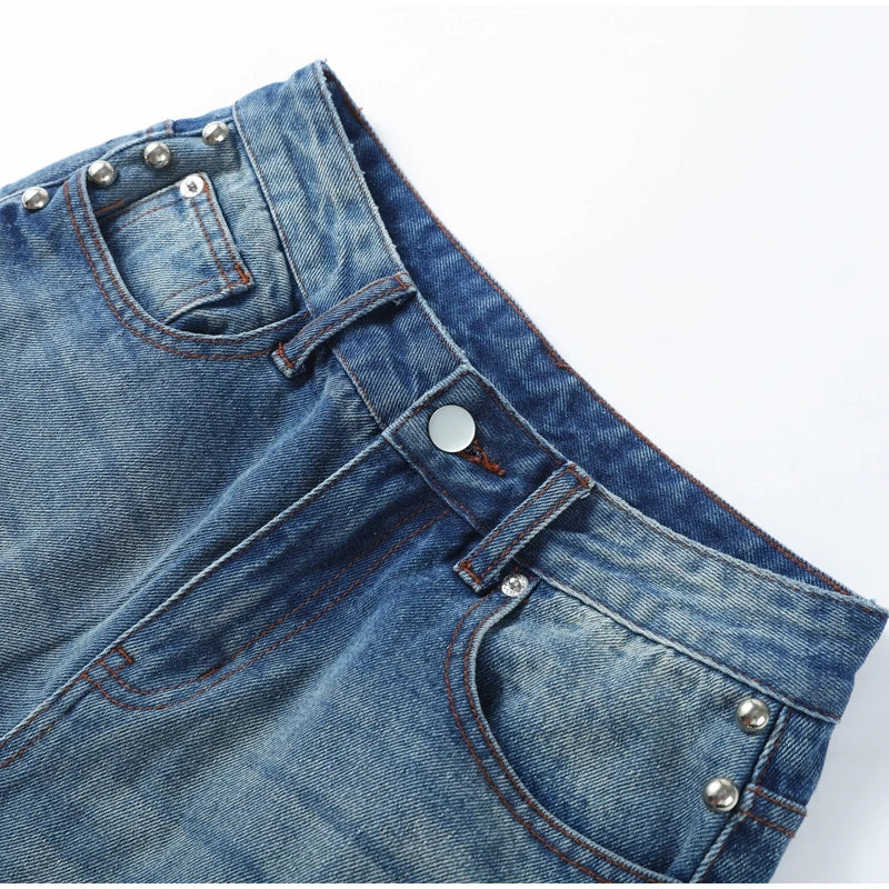 Chic Women's Sides Studs Decorate Denim Jeans Pant High Waist Wide Leg Pants Female 2025 New Trendy Streetwear Luxury Trousers