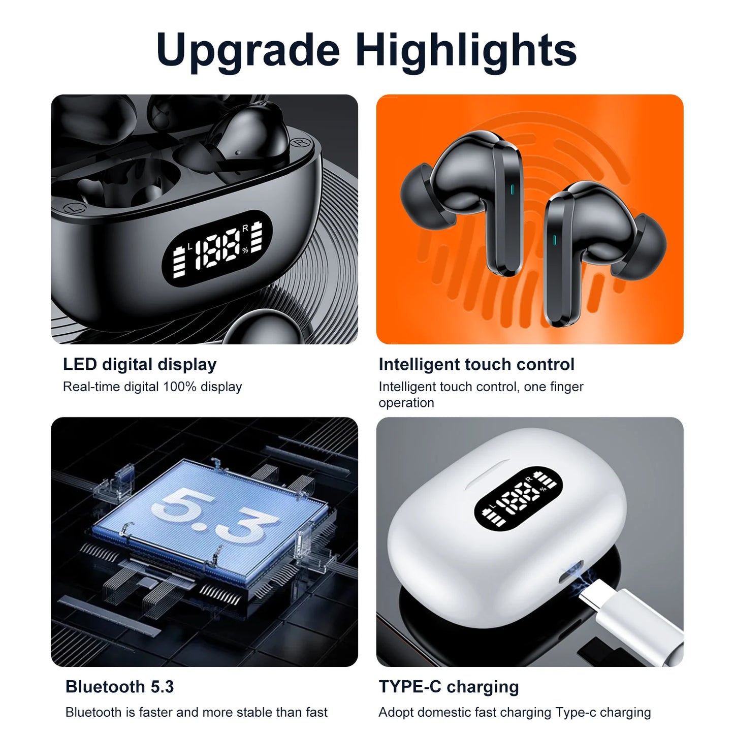Wireless Bluetooth Headset Bluetooth Earphones with Charging Case Touch Control Bluetooth 5.3 Headphones with Display