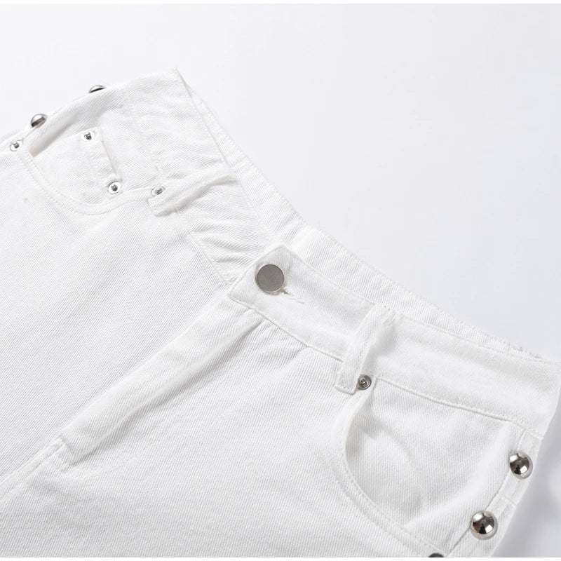 Chic Women's Sides Studs Decorate Denim Jeans Pant High Waist Wide Leg Pants Female 2025 New Trendy Streetwear Luxury Trousers