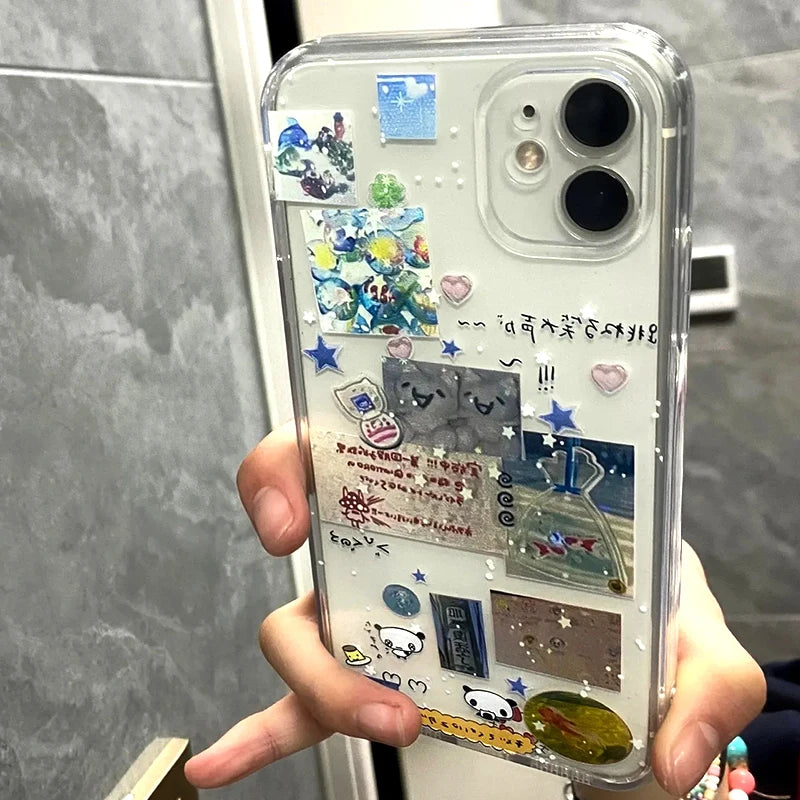 Korean Creative Splicing Graffiti Star Phone Case for IPhone 15 14 11 12 13 Pro Max Kawaii Cute Phone Case for IPhone XR XS MAX