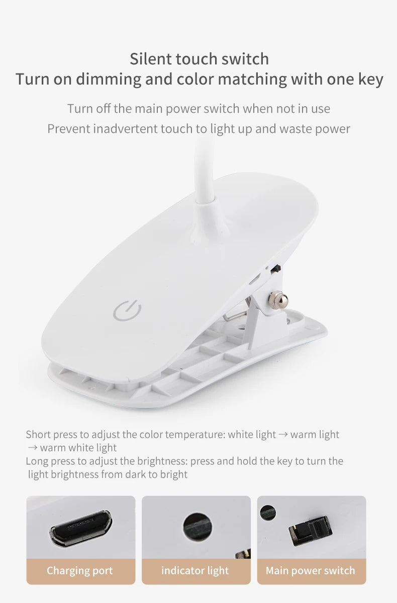 LED Desk Lamp Clip on Type USB Charging With Built In Lithium Battery Touch Dimming Student Learning Reading Table Lamp