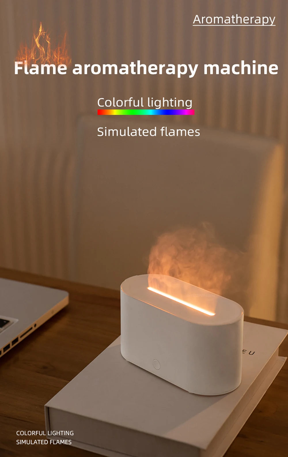 Aroma Diffuser Flame Air Humidifier USB Desktop for Household Bedroom Fragrance Essential Oil Diffuser with Colorful Night Light