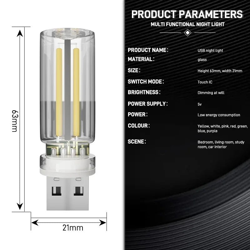 LED USB Lamp Mini Night Light USB Plug-in LED Light Bulb Touch Control Dimming for Car Bedroom Ambient Decorations Lighting