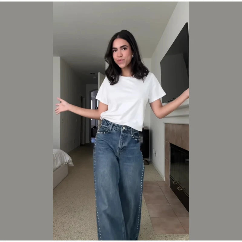 Chic Women's Sides Studs Decorate Denim Jeans Pant High Waist Wide Leg Pants Female 2025 New Trendy Streetwear Luxury Trousers