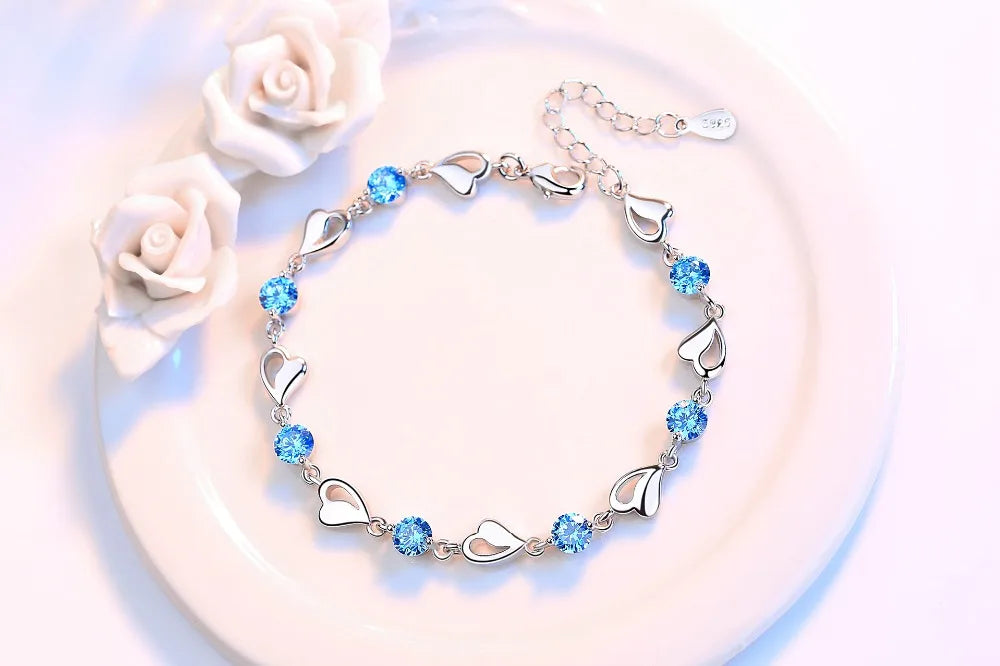 JewelryTop Store 925 Sterling Silver Bracelet Jewelry High Quality Retro Heart Wedding Shaped Cubic Zirconia Length 17CM+4CM