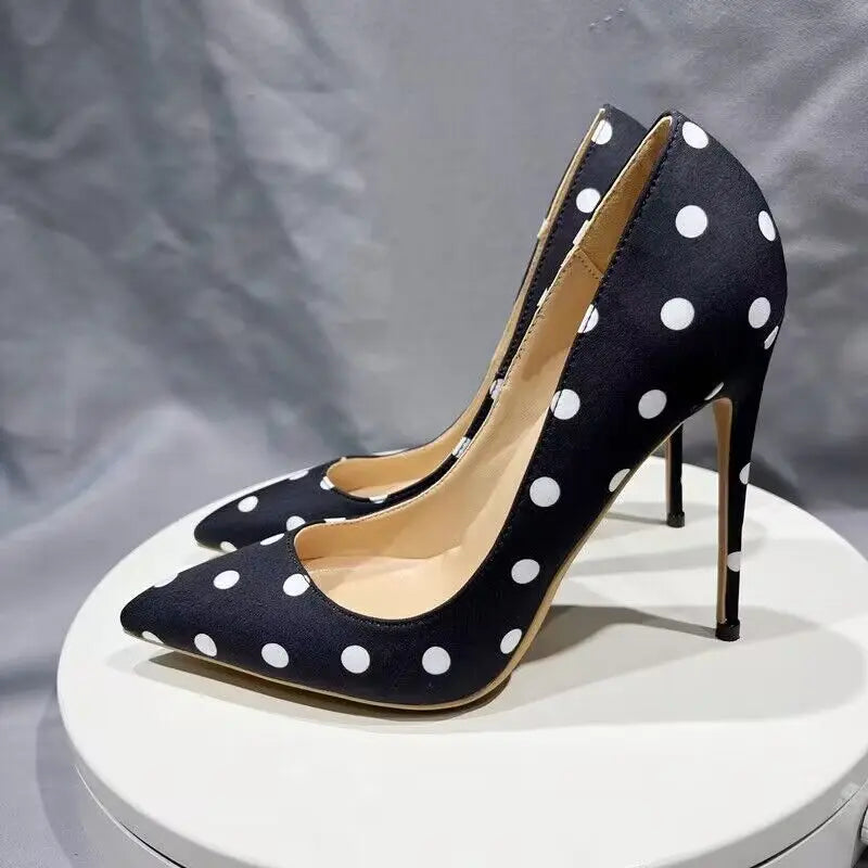 Tikicup Polka Dot Women Black Satin Stiletto High Heels with Bowknot Chic Ladies Designer Dress Shoes Pointed Toe Silk Pumps