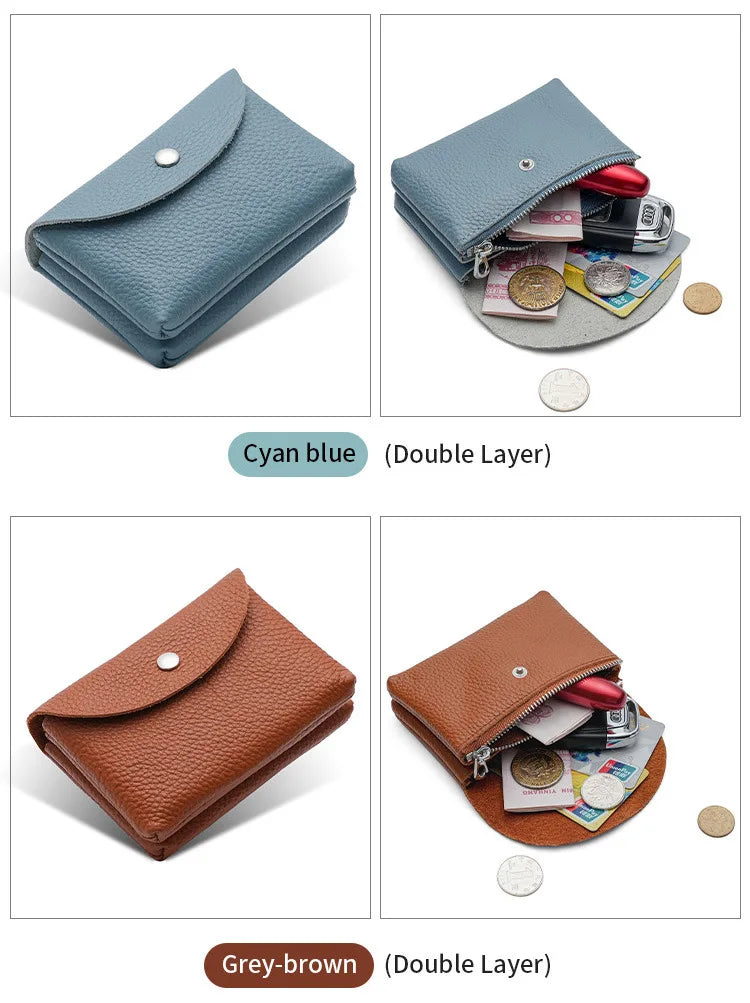 Genuine Leather Short Coin Wallets Card Holder Bag Case Portable Retro Cowhide Small Money Purse For Men Women Earphone Pouch