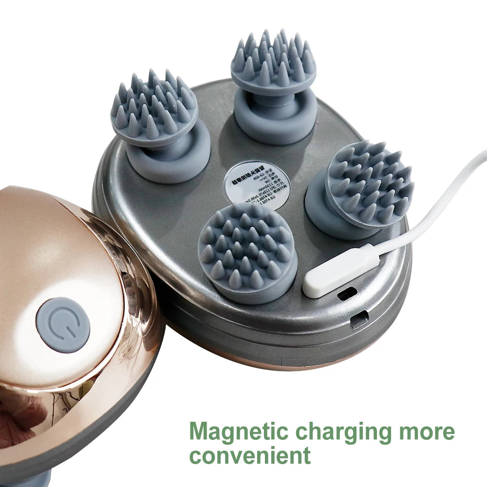 Rechargeable Electric Head Massager Silicone Scalp Kneading Vibration Device 6 Modes for Hair Growth Stress Relief Portable