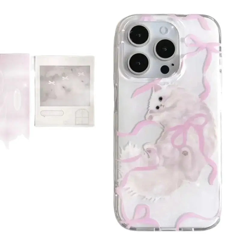 Kawaii Cat Pink Bow Phone Case for iPhone 14 11 12 13 Pro Max Korean INS Retro Geometric Phone Case for IPhone XR XS MAX MINI
