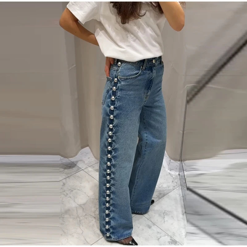 Chic Women's Sides Studs Decorate Denim Jeans Pant High Waist Wide Leg Pants Female 2025 New Trendy Streetwear Luxury Trousers