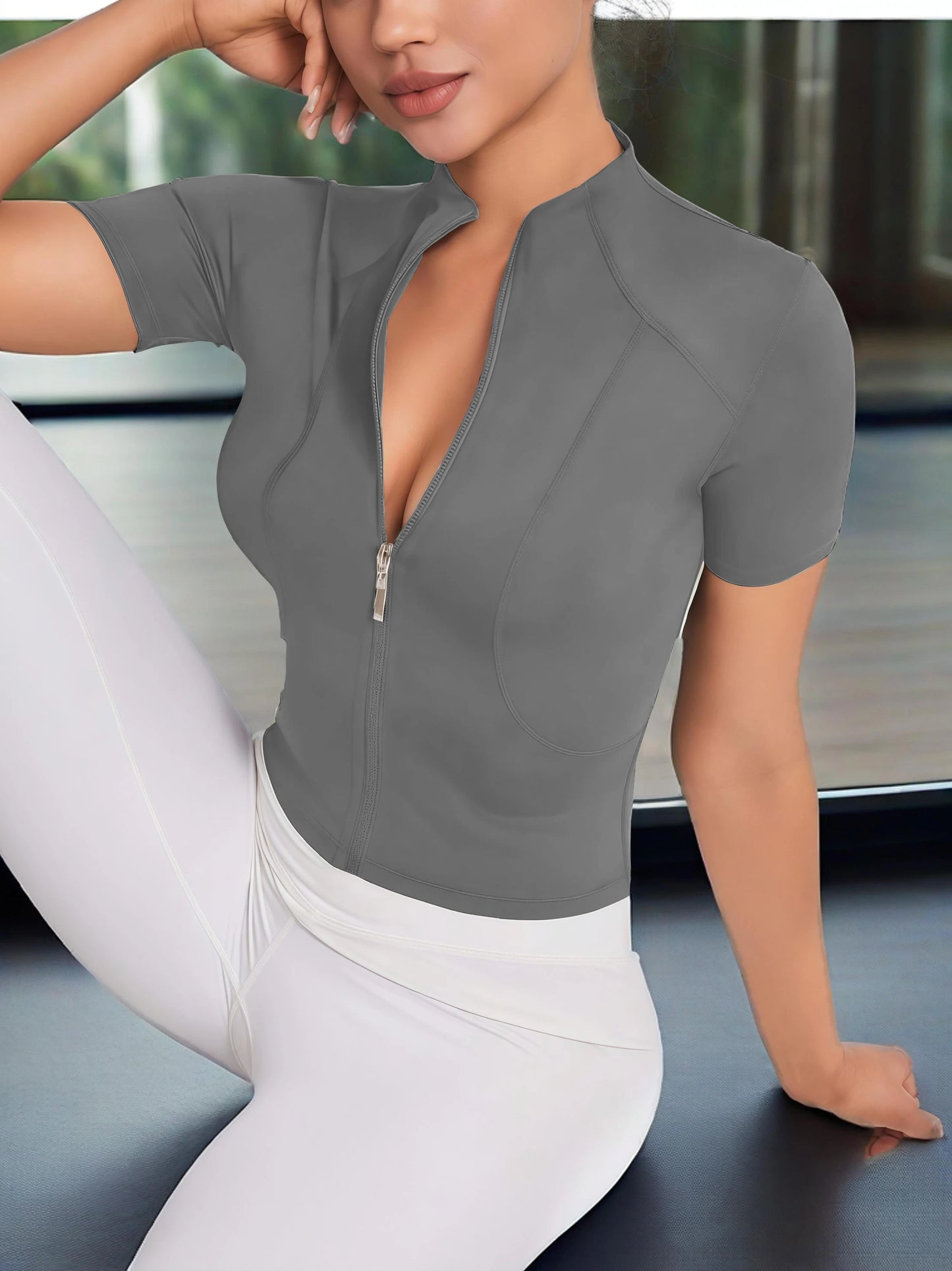 Fitness girl cycling yoga suit top, high-end full zipper jacket, sports T-shirt, training running short sleeved summer