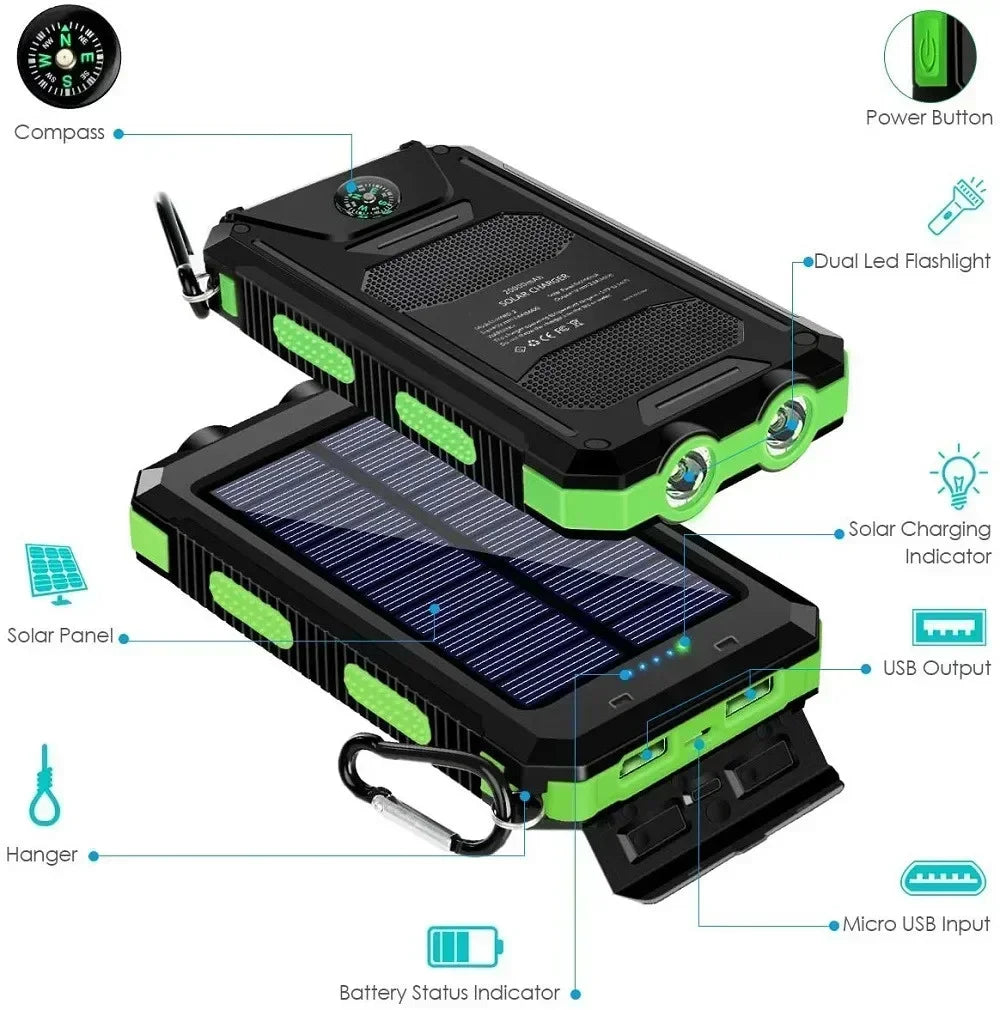 200000mAh Solar Power Bank Dual USB Travel Outdoor Portable External Battery Waterproof Powerbank For Camping Spare Battery