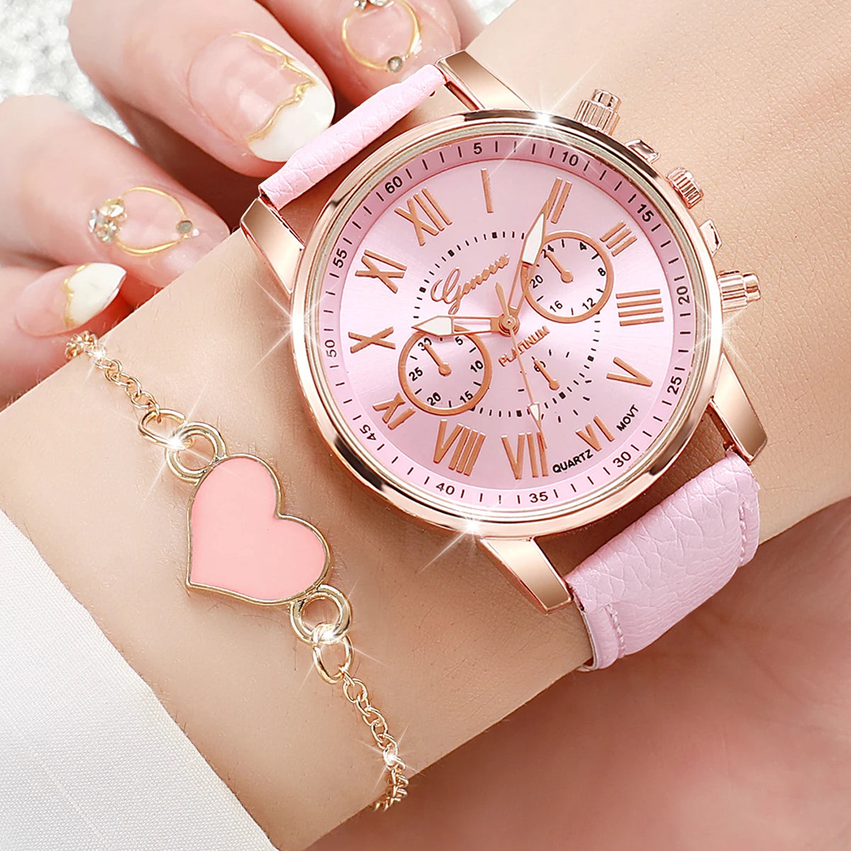 6PCs/Set Women's Watch Set Unique College Style Design Roman Leather Quartz Watch Bracelet Set