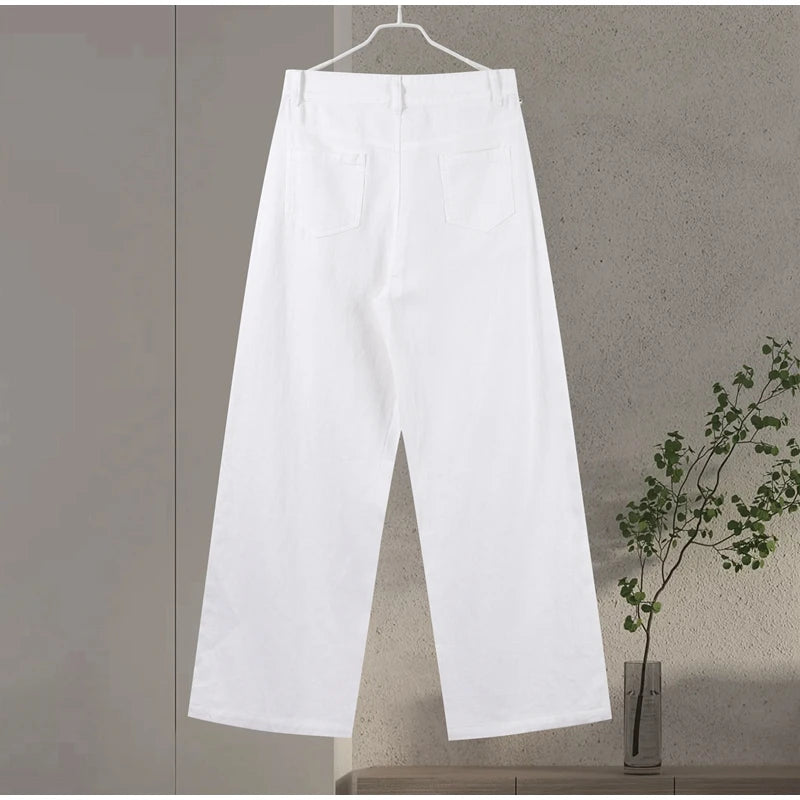Chic Women's Sides Studs Decorate Denim Jeans Pant High Waist Wide Leg Pants Female 2025 New Trendy Streetwear Luxury Trousers