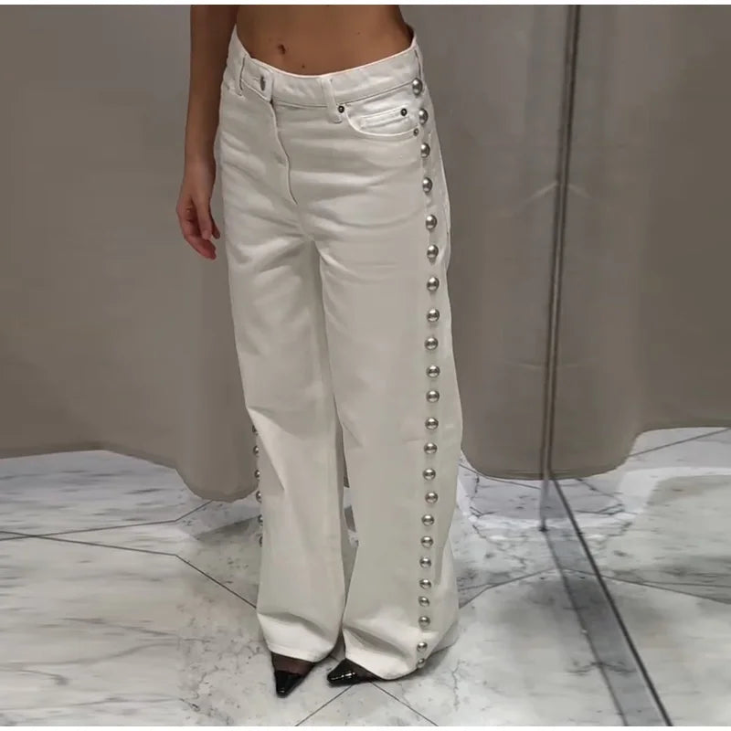 Chic Women's Sides Studs Decorate Denim Jeans Pant High Waist Wide Leg Pants Female 2025 New Trendy Streetwear Luxury Trousers