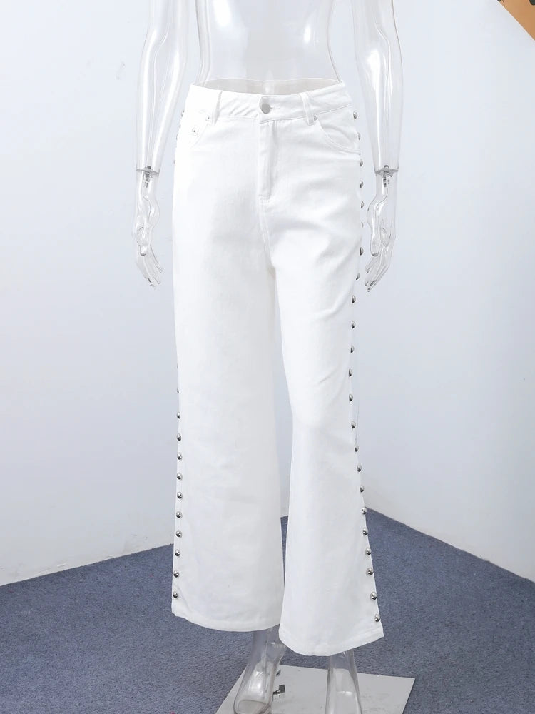 Chic Women's Sides Studs Decorate Denim Jeans Pant High Waist Wide Leg Pants Female 2025 New Trendy Streetwear Luxury Trousers