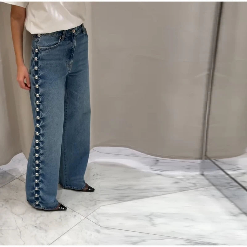 Chic Women's Sides Studs Decorate Denim Jeans Pant High Waist Wide Leg Pants Female 2025 New Trendy Streetwear Luxury Trousers