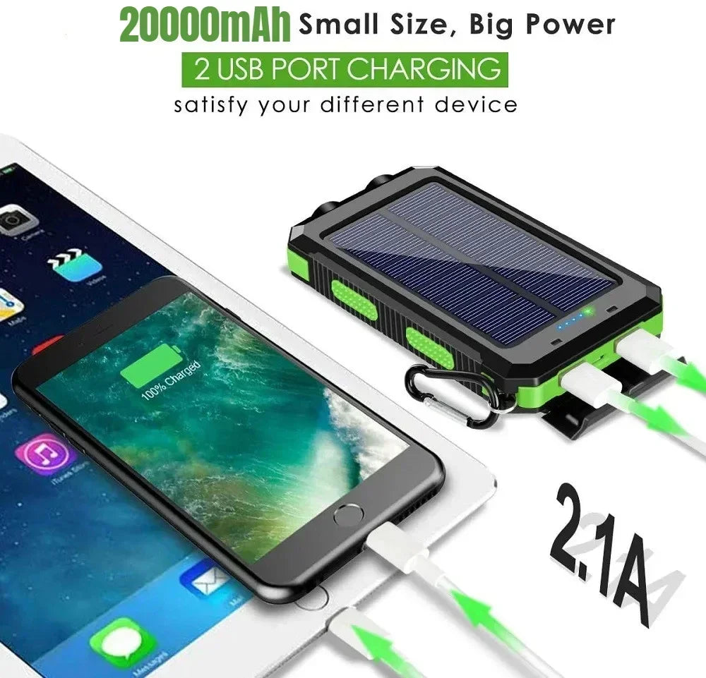200000mAh Solar Power Bank Dual USB Travel Outdoor Portable External Battery Waterproof Powerbank For Camping Spare Battery