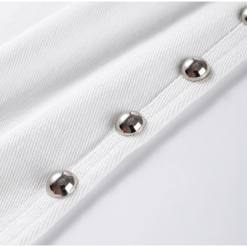 Chic Women's Sides Studs Decorate Denim Jeans Pant High Waist Wide Leg Pants Female 2025 New Trendy Streetwear Luxury Trousers