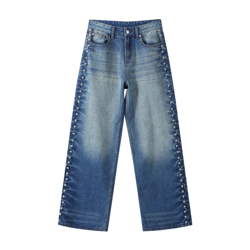Chic Women's Sides Studs Decorate Denim Jeans Pant High Waist Wide Leg Pants Female 2025 New Trendy Streetwear Luxury Trousers