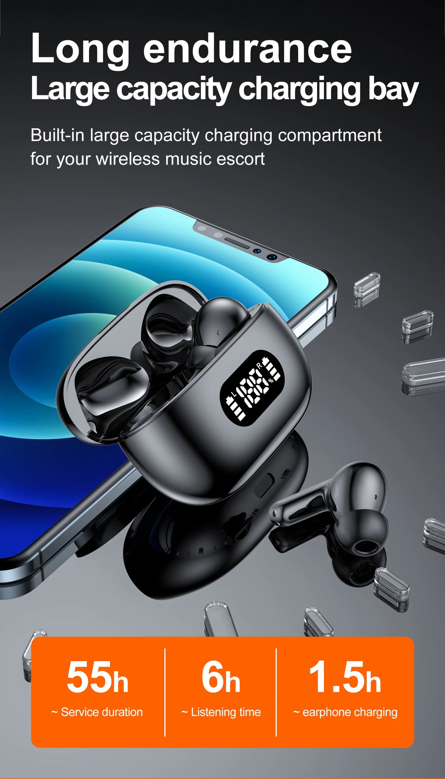 Wireless Bluetooth Headset Bluetooth Earphones with Charging Case Touch Control Bluetooth 5.3 Headphones with Display
