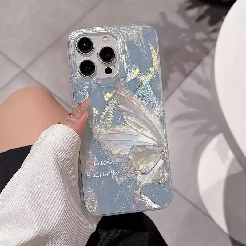 Luxury Laser Silver Butterfly Phone Case for iPhone 15 Pro Max 14 13 12 11 XS XR X 7 8 Plus SE 2020 2022 SE2 SE3 Silicone Cover