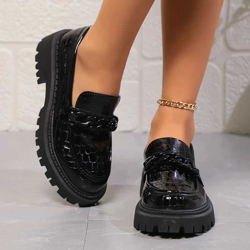 Lucyever Chain Accents Platform Loafers for Women Plus Size 42 Slip On Patent Leather Shoes Woman Comfort Round Toe Preppy Shoes