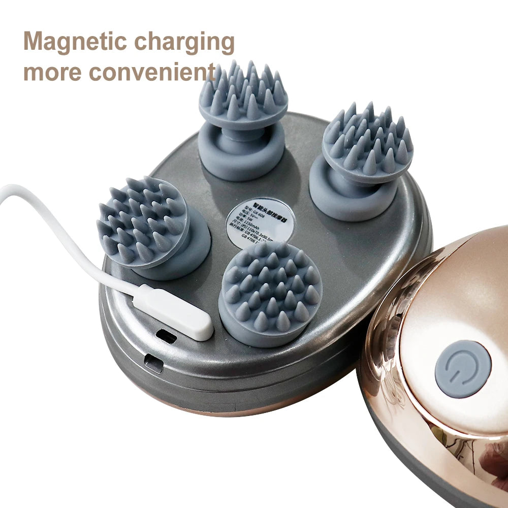 Rechargeable Electric Head Massager Silicone Scalp Kneading Vibration Device 6 Modes for Hair Growth Stress Relief Portable