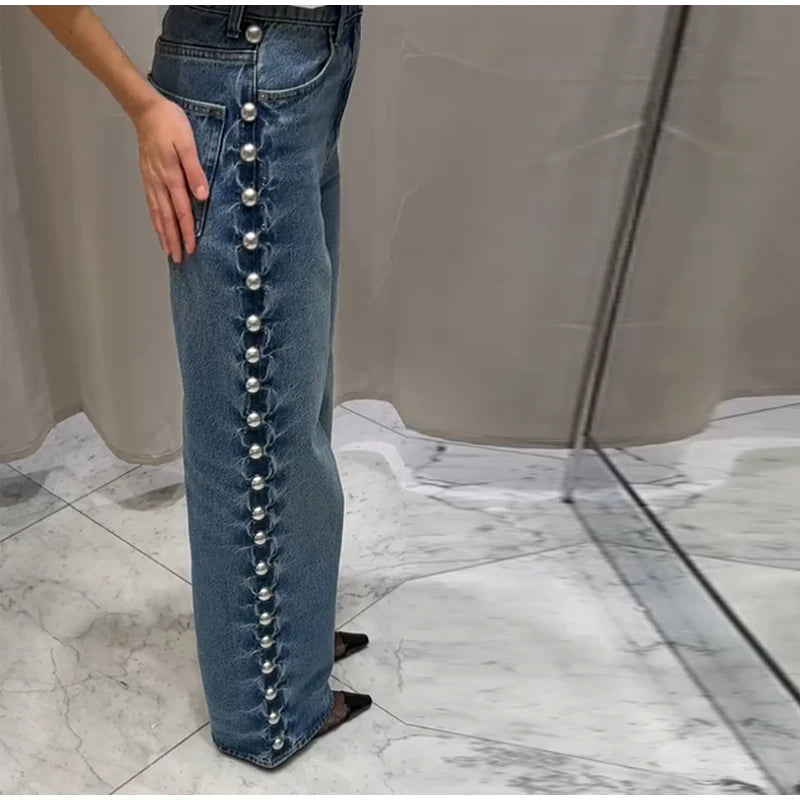 Chic Women's Sides Studs Decorate Denim Jeans Pant High Waist Wide Leg Pants Female 2025 New Trendy Streetwear Luxury Trousers