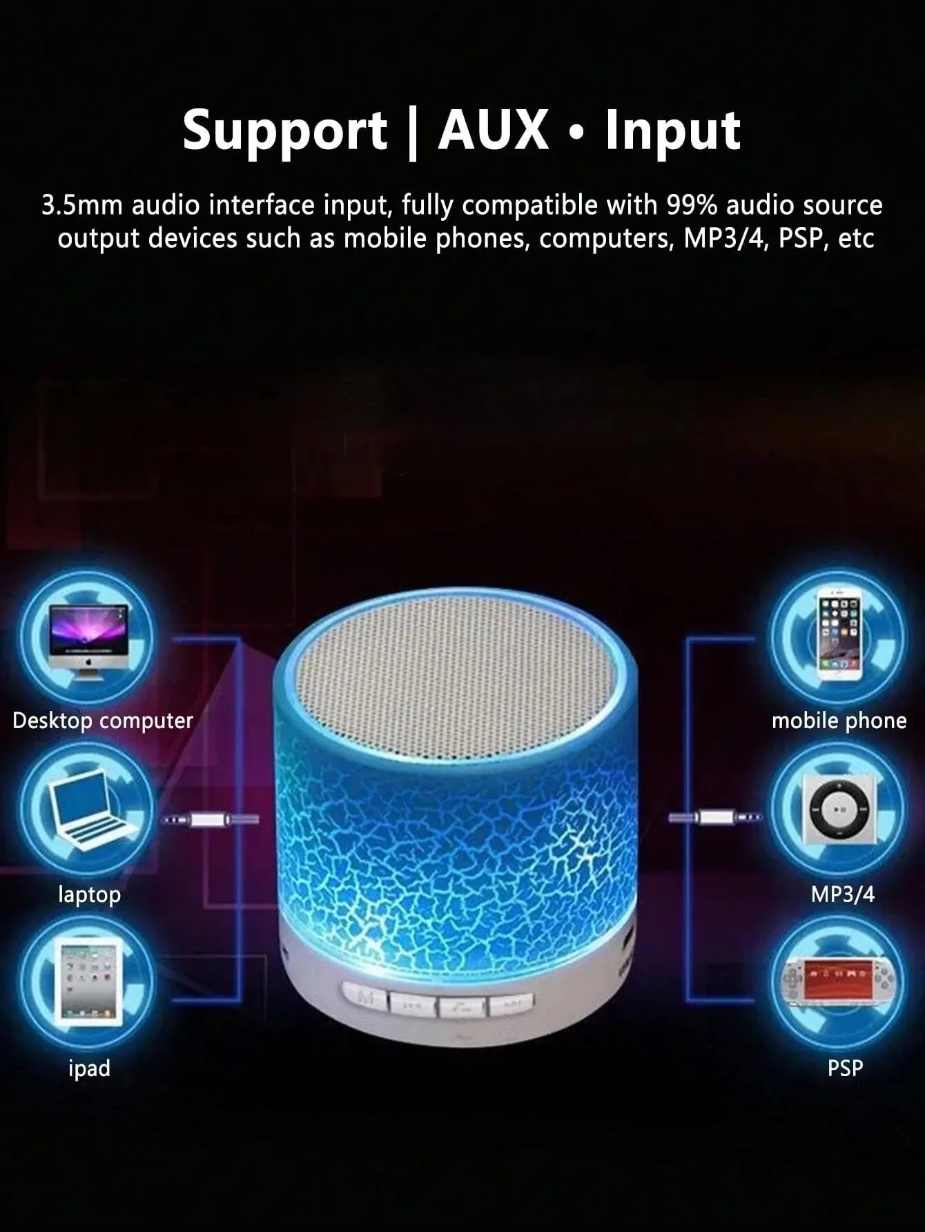 Wireless Mini Speaker, Subwoofer, Dazzle Crackle 7 Colour Light Wireless Mini Speaker, Portable Small Speaker