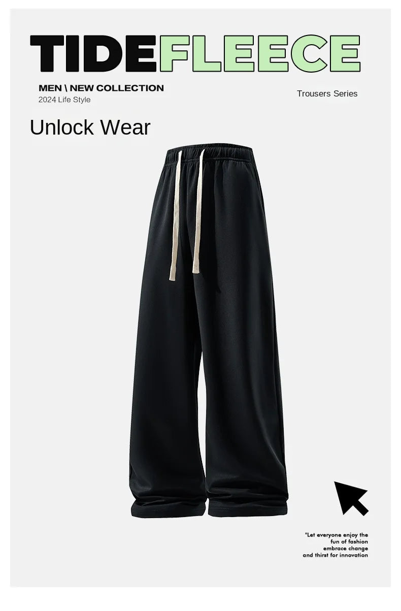 Wide Leg Pant Fashion Causal Breathable Men Sweatpant Male Autumn Versatile Elastic High Waist Drawstring Loose Straight Trouser