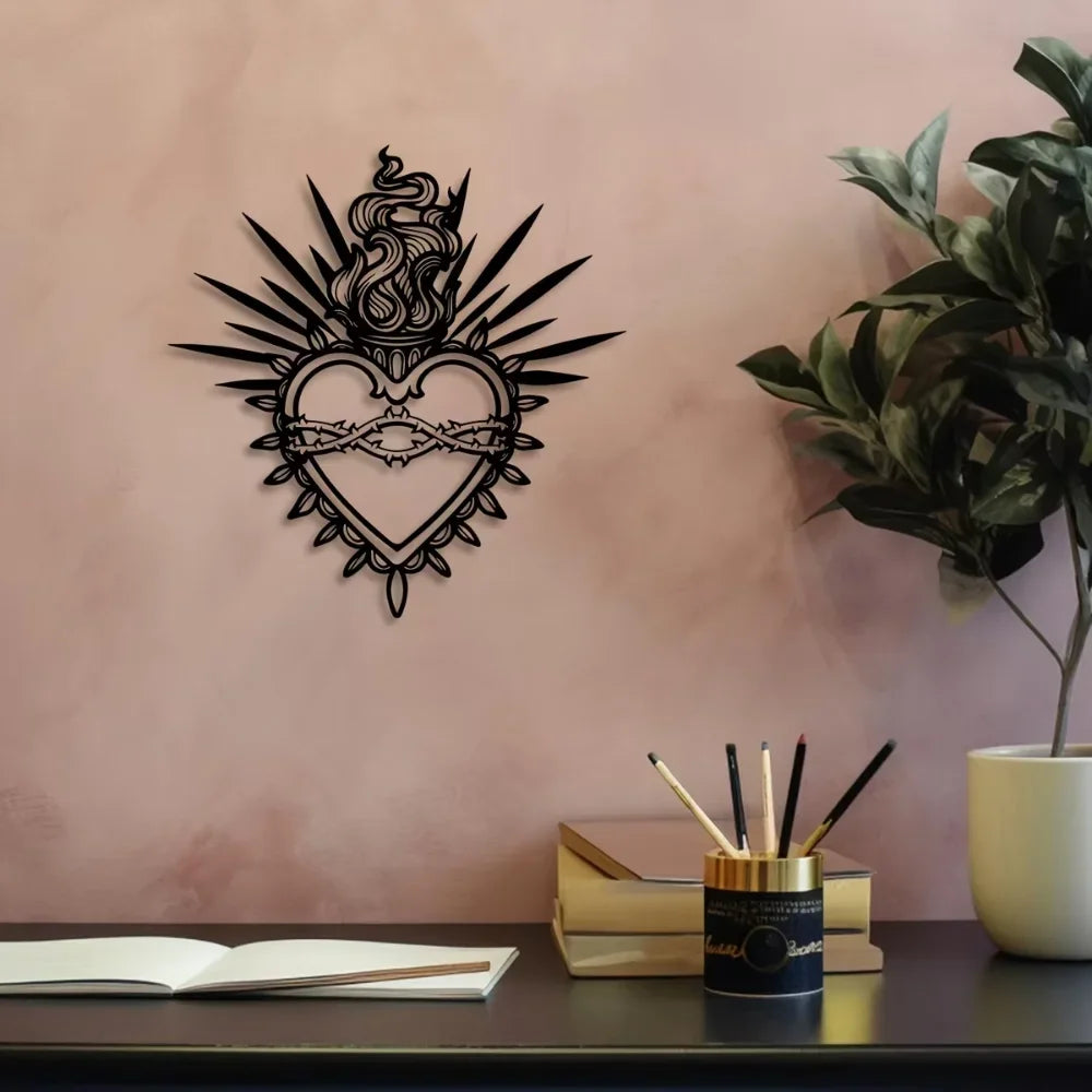 Metal Wall Art Sacred Heart Christ with Sacred Words Verses Ideal for Faith-Based Home and Living Room Decor