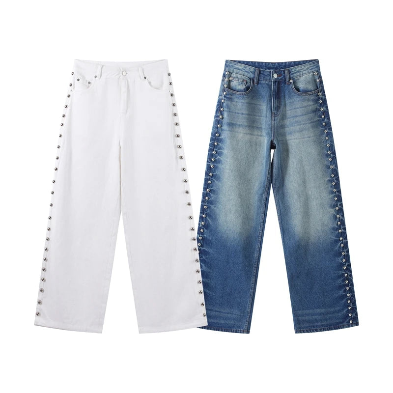 Chic Women's Sides Studs Decorate Denim Jeans Pant High Waist Wide Leg Pants Female 2025 New Trendy Streetwear Luxury Trousers