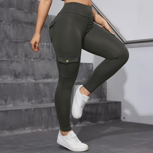 Women High-Waisted Tummy Control Yoga Leggings ,4 Button PocketsCargo Sports Pants For Workout, Running, Fitness