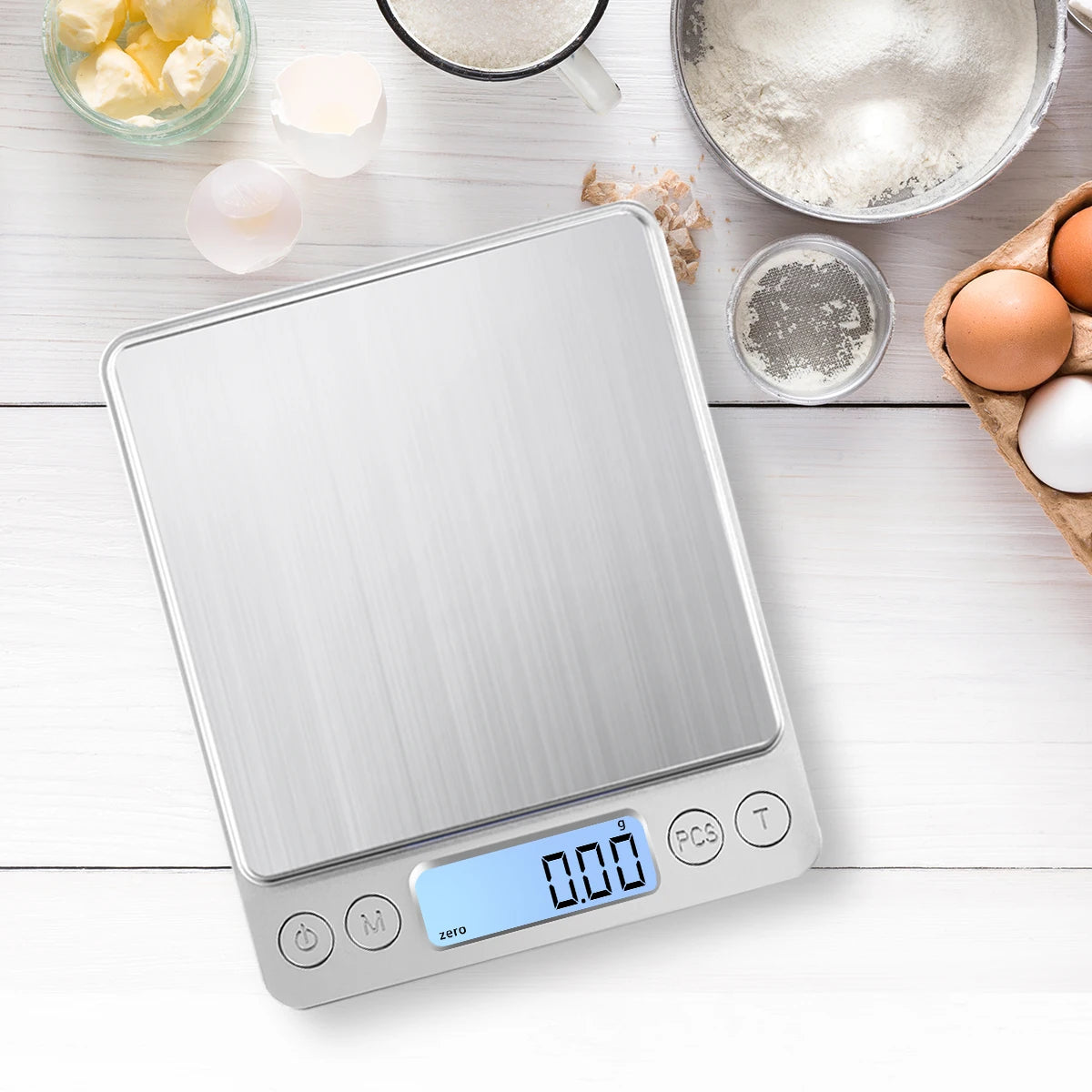 Digital Kitchen Scale 3000g/ 0.1g USB Charging with 2 Trays Home Mini Jewelry Pocket Scale with LCD Display Digital Food Scales