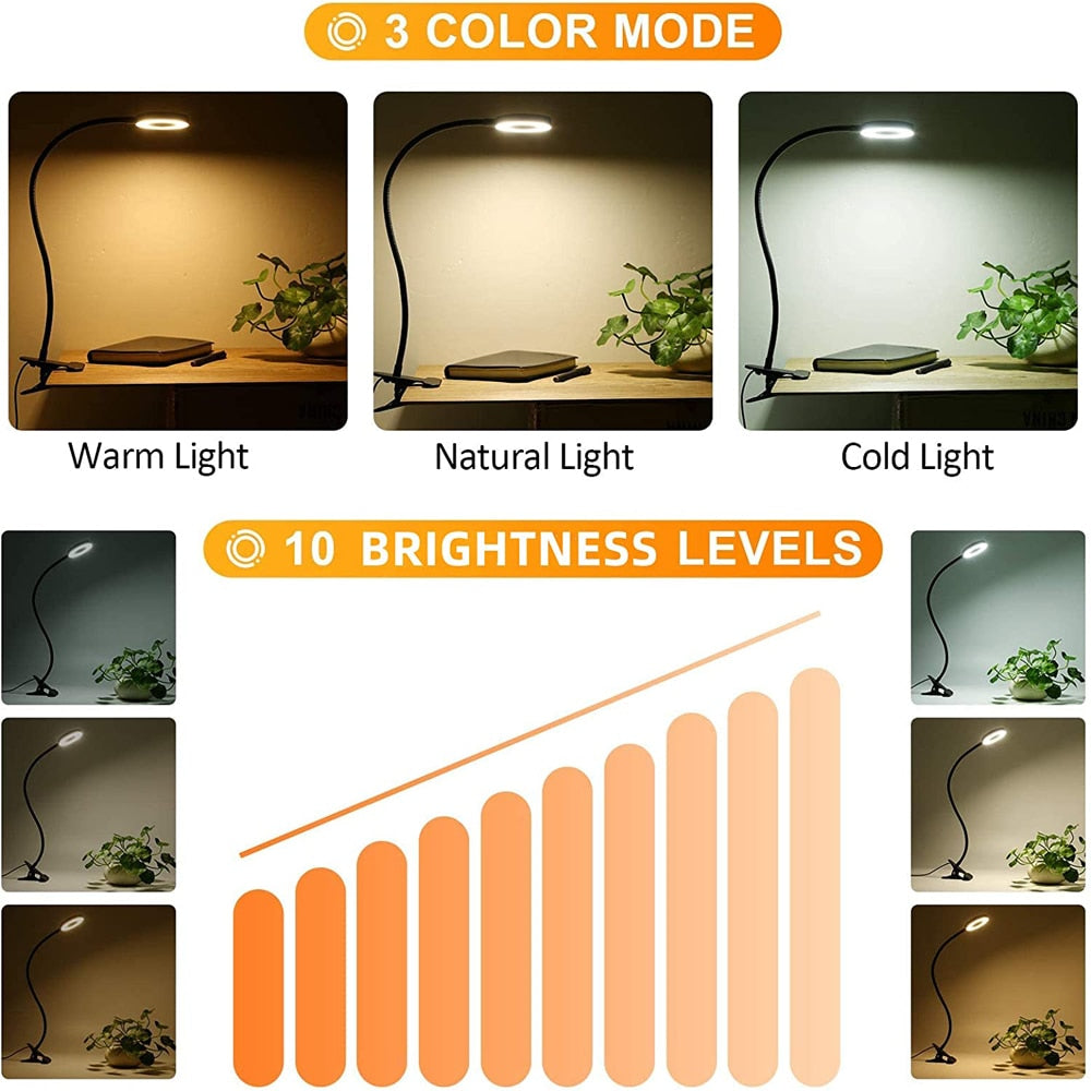 48 LEDs Desk Lamp USB Rechargeable Clip Book Light Flexible Eye Protection Reading Light 3 Level Brightness Adjustable