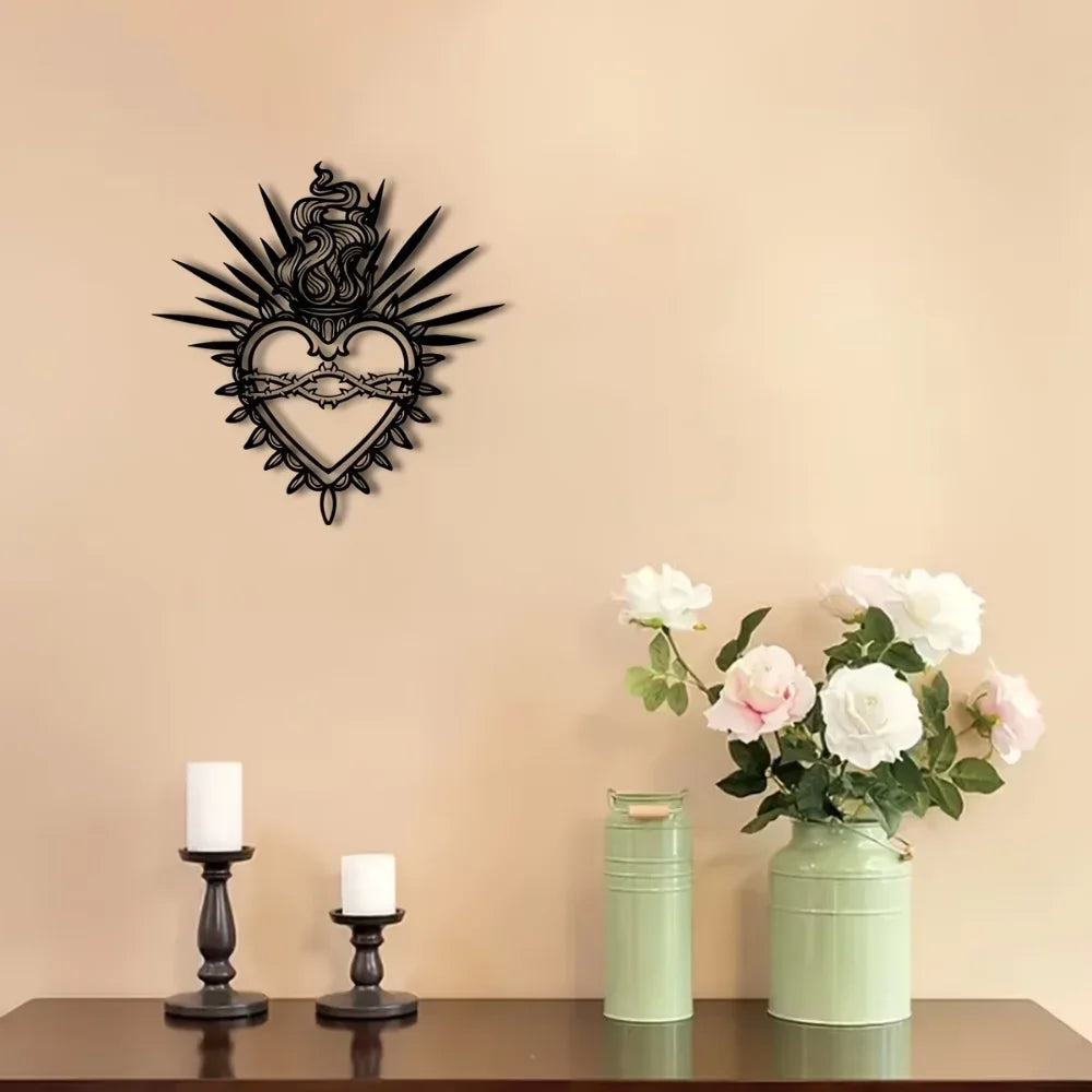 Metal Wall Art Sacred Heart Christ with Sacred Words Verses Ideal for Faith-Based Home and Living Room Decor