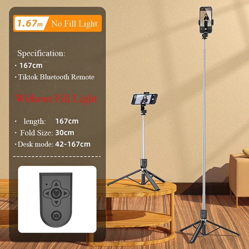 1.67M Long Extended Bluetooth Wireless Selfie Stick Live Broacast Stand Holder Tripod Foldable With Fill Light For Smartphones