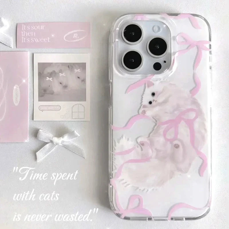Kawaii Cat Pink Bow Phone Case for iPhone 14 11 12 13 Pro Max Korean INS Retro Geometric Phone Case for IPhone XR XS MAX MINI