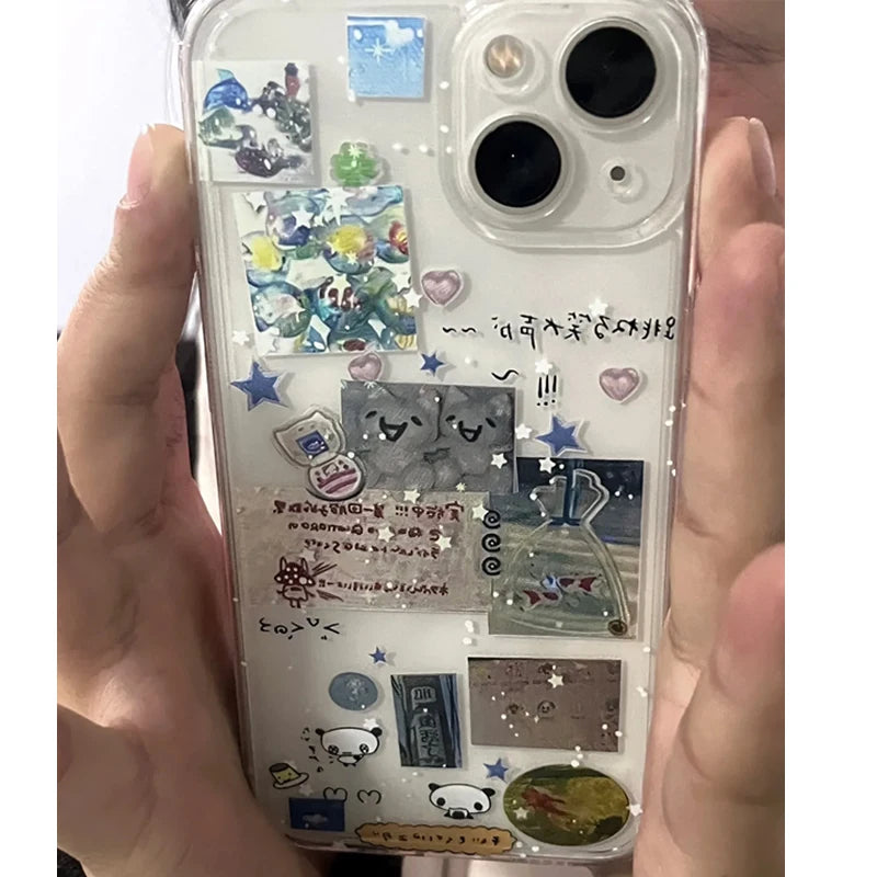 Korean Creative Splicing Graffiti Star Phone Case for IPhone 15 14 11 12 13 Pro Max Kawaii Cute Phone Case for IPhone XR XS MAX