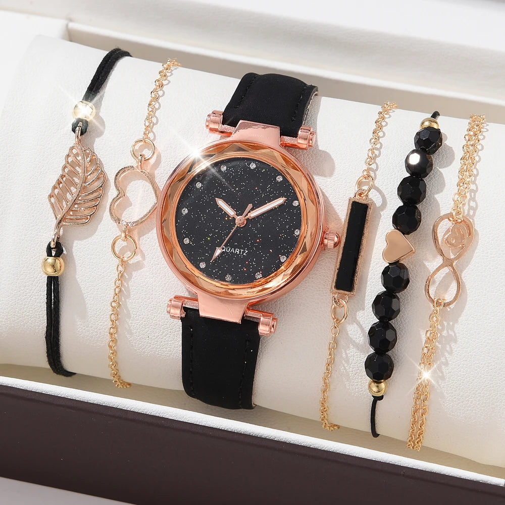 5PCS Set Watch For Women Luxury Leather Analog Ladies Quartz Wrist Watch Fashion Bracelet Watch Set Female Relogio Feminino