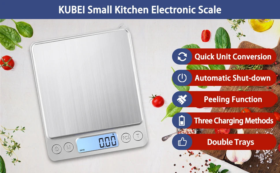 Digital Kitchen Scale 3000g/ 0.1g USB Charging with 2 Trays Home Mini Jewelry Pocket Scale with LCD Display Digital Food Scales