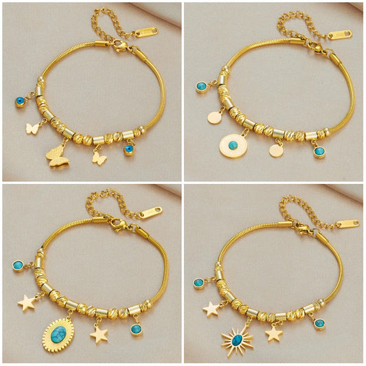 DIEYURO 316 Stainless Steel Butterfly Lightning Green Stone Charm Bracelet For Women Vintage Girls Multilayer Wrist Jewelry Gift