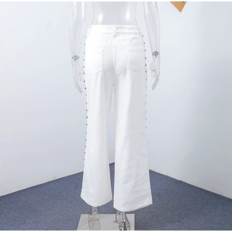 Chic Women's Sides Studs Decorate Denim Jeans Pant High Waist Wide Leg Pants Female 2025 New Trendy Streetwear Luxury Trousers