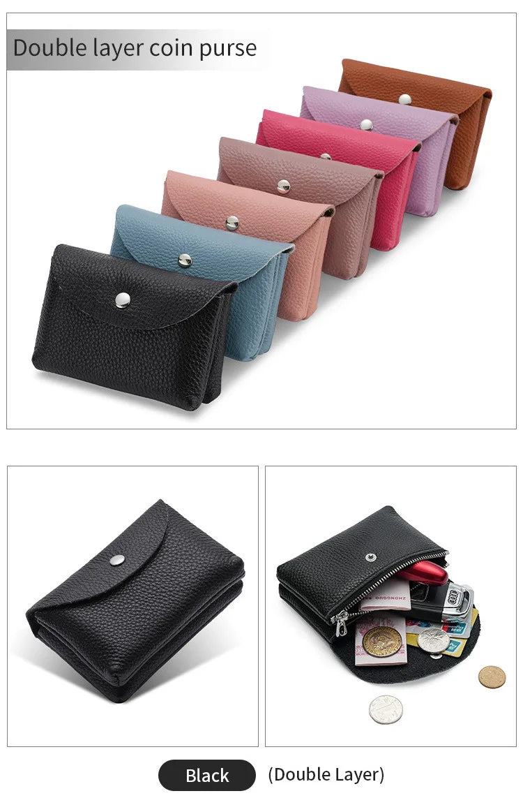 Genuine Leather Short Coin Wallets Card Holder Bag Case Portable Retro Cowhide Small Money Purse For Men Women Earphone Pouch