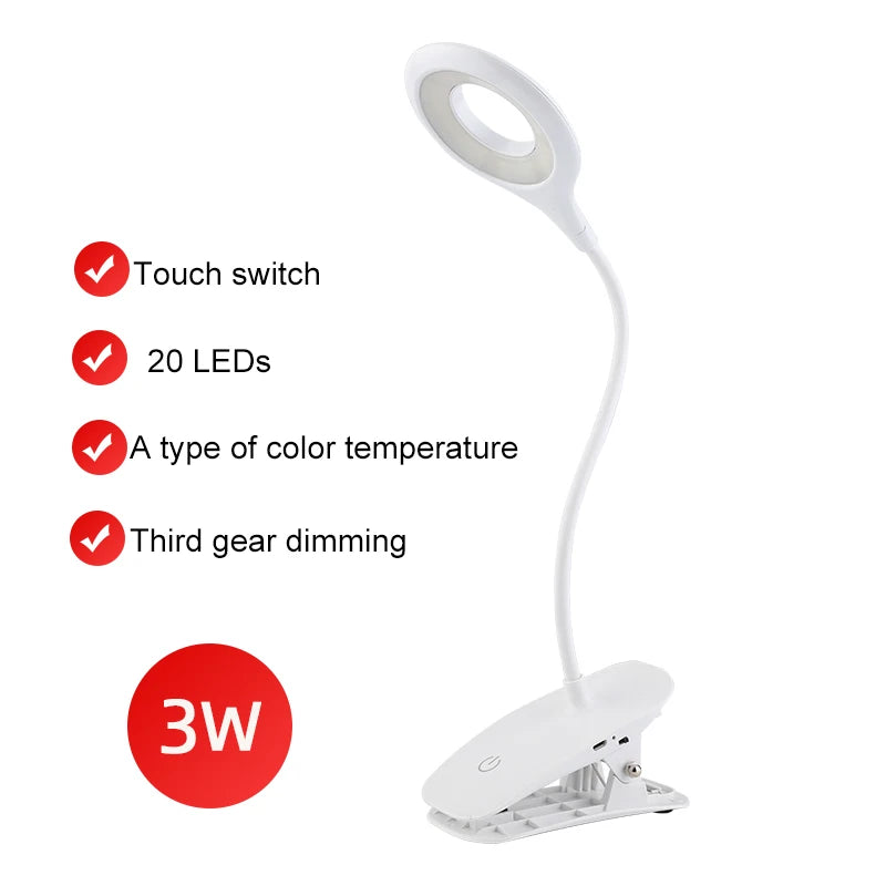 LED Desk Lamp Clip on Type USB Charging With Built In Lithium Battery Touch Dimming Student Learning Reading Table Lamp