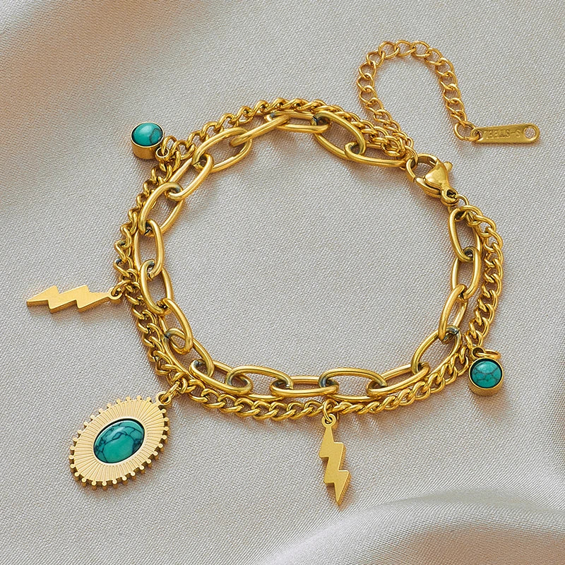 DIEYURO 316 Stainless Steel Butterfly Lightning Green Stone Charm Bracelet For Women Vintage Girls Multilayer Wrist Jewelry Gift