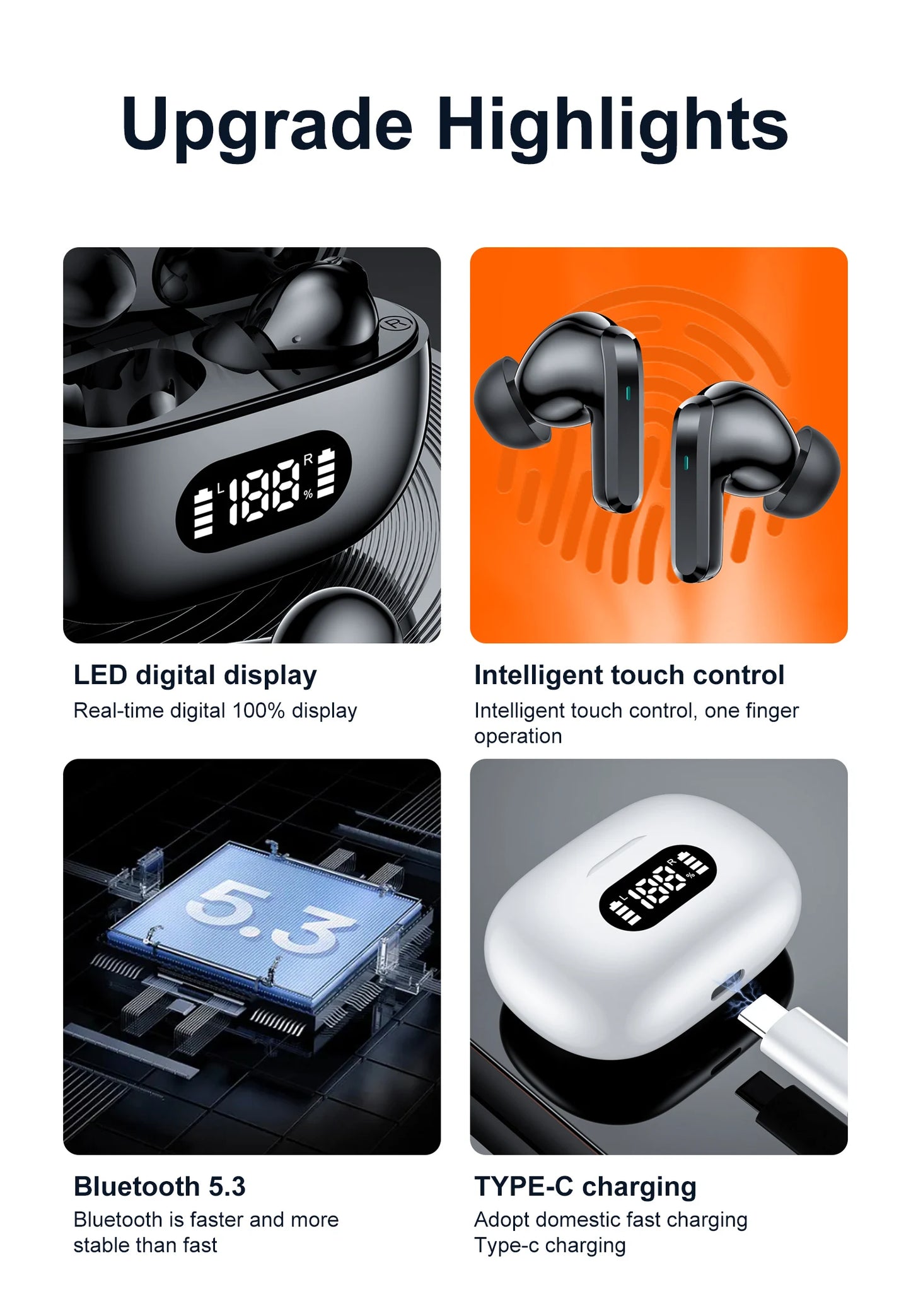 Wireless Bluetooth Headset Bluetooth Earphones with Charging Case Touch Control Bluetooth 5.3 Headphones with Display