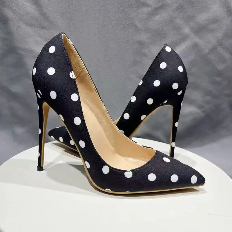 Tikicup Polka Dot Women Black Satin Stiletto High Heels with Bowknot Chic Ladies Designer Dress Shoes Pointed Toe Silk Pumps
